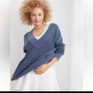 Aerie Oversized Blue V neck Sweater